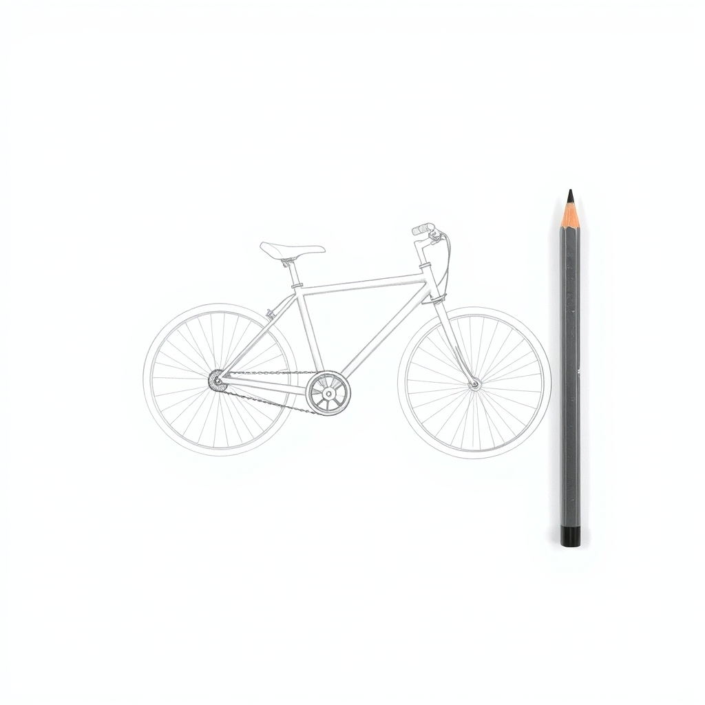 Accurate pencil drawing of a bicycle from the side with a complete frame triangle, front fork, single saddle and a chain running from the crank to the rear hub