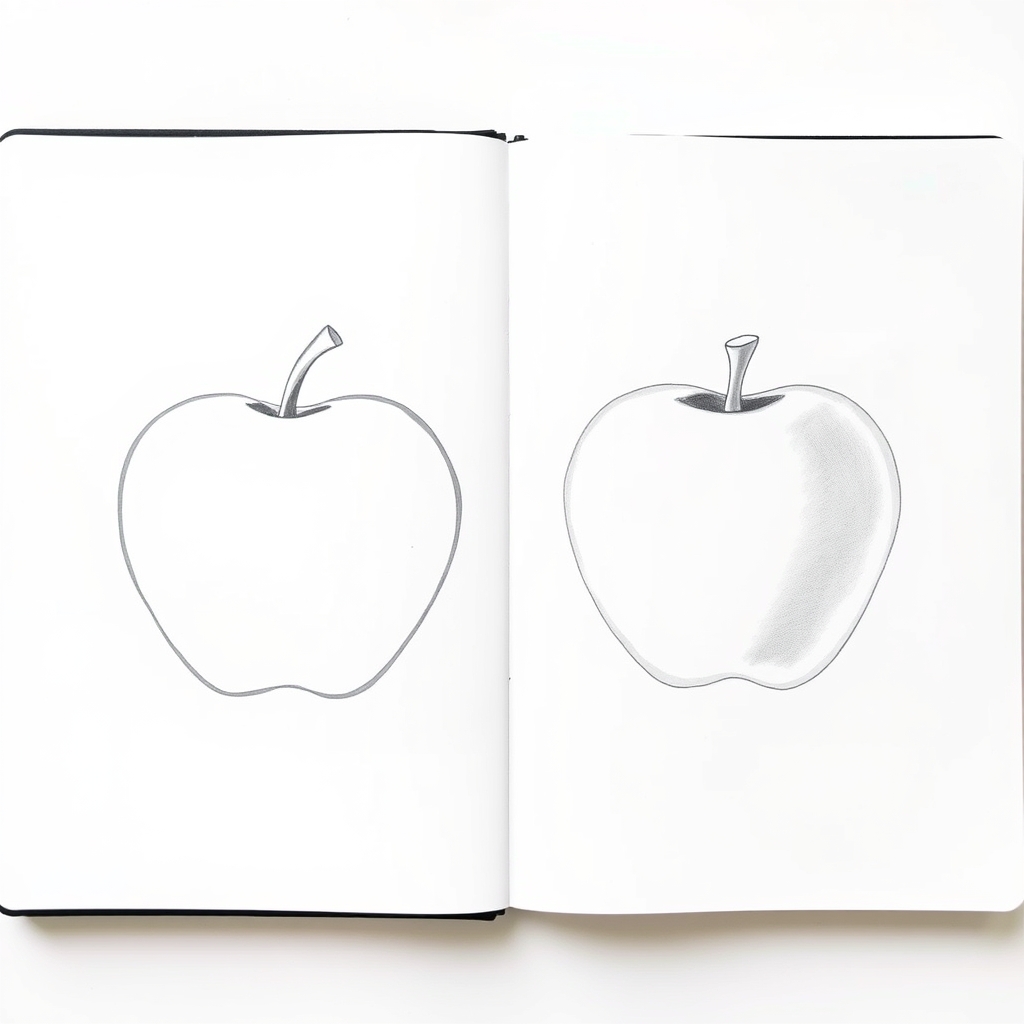 Two apple drawings, one with a uniform hard outline and one with hard, soft and lost edges
