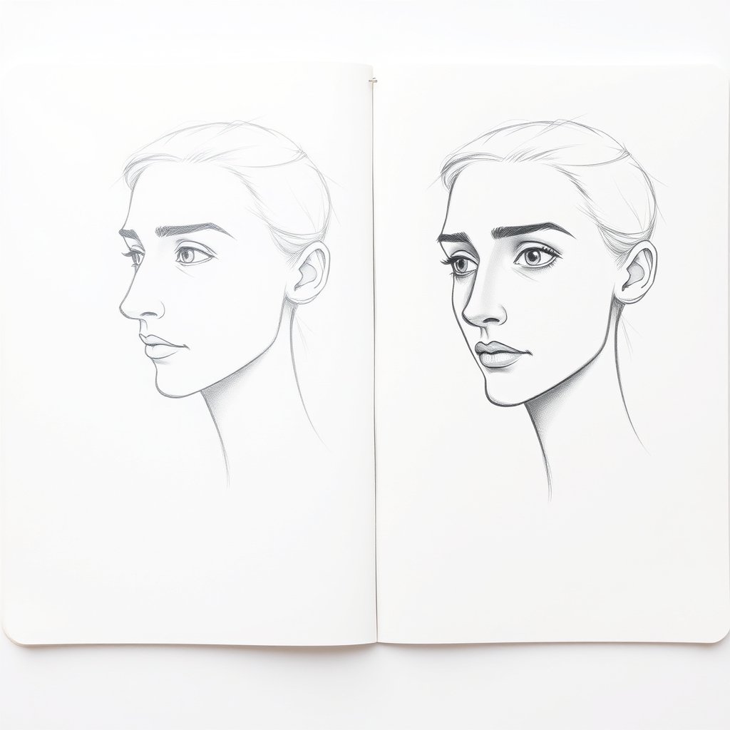 The same pencil portrait shown normally and mirrored, with the mirrored version visibly lopsided