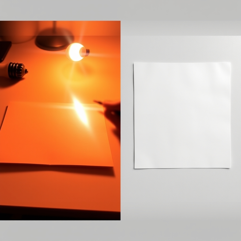 An angled orange-tinted phone photo of a drawing beside a clean straight-on daylight photo