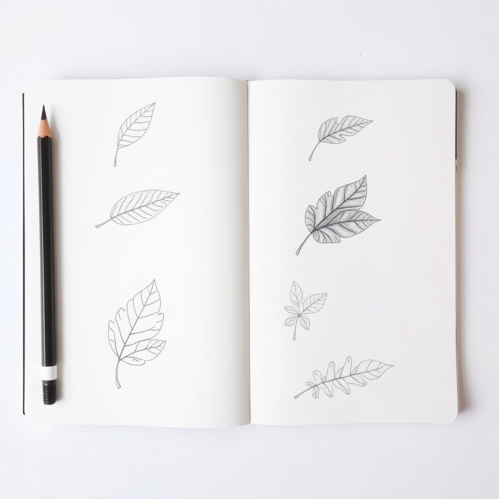 Open sketchbook spread with six separate pencil studies of leaves, the same motif returned to repeatedly across both pages