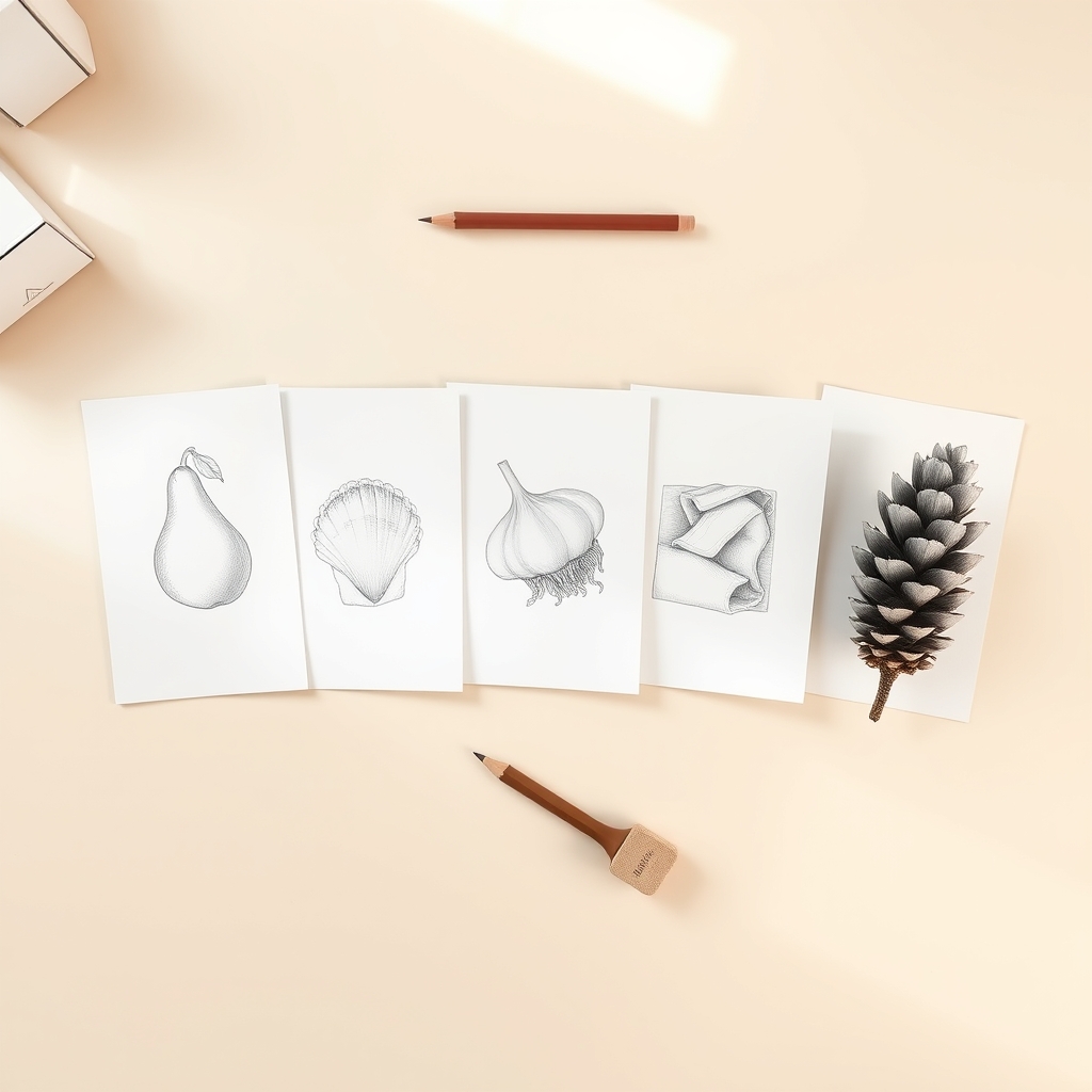 Five pencil drawings laid in a row on a desk showing a pear, a seashell, a garlic bulb, folded cloth and a pine cone, all drawn with the same line weight and shading