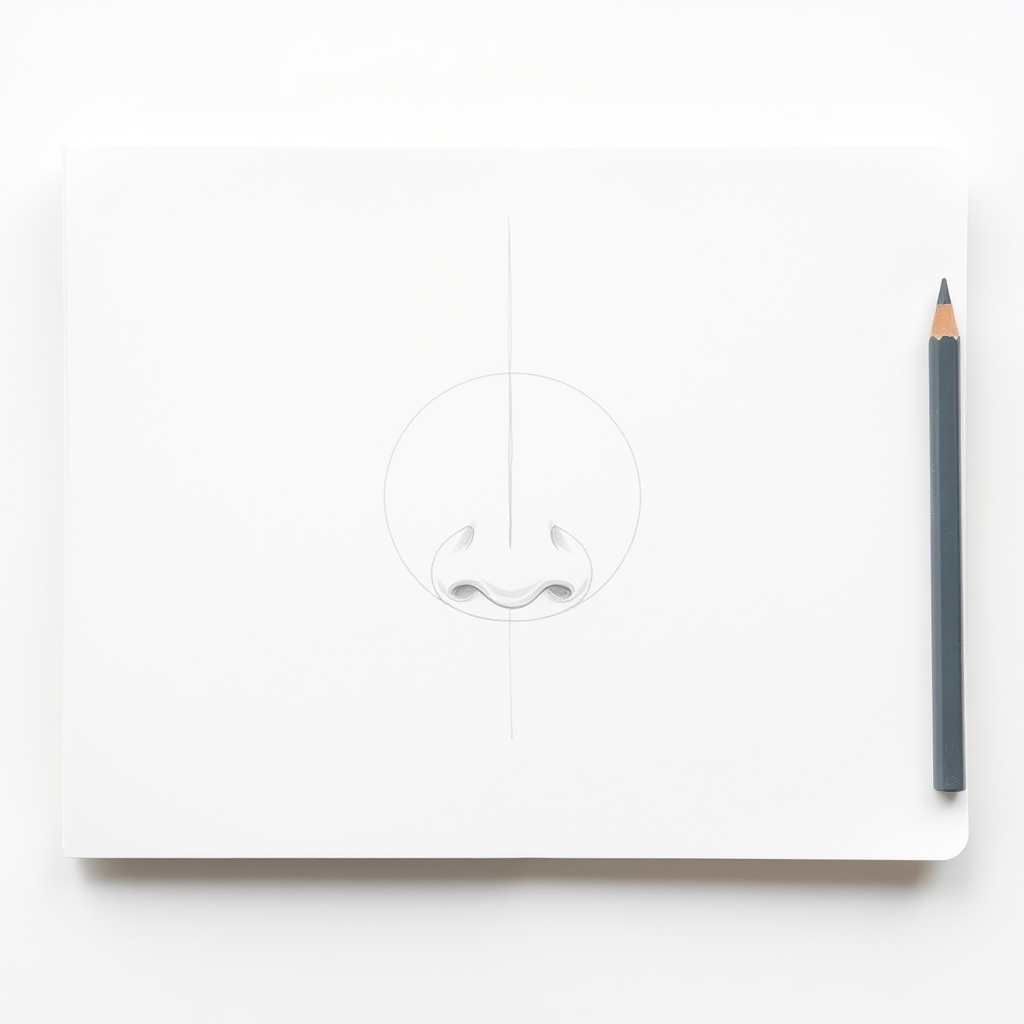First stage of a nose drawing: a light pencil circle marking the ball of the nose with a vertical center line through it and the wings faintly indicated inside