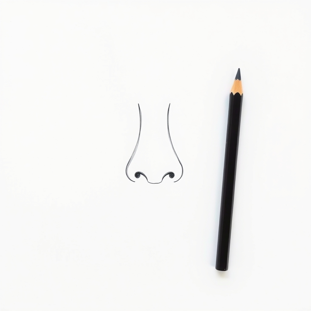 Second stage of the same nose drawing: a clean graphite outline with a rounded wing on each side and two small comma-shaped nostril openings tucked underneath