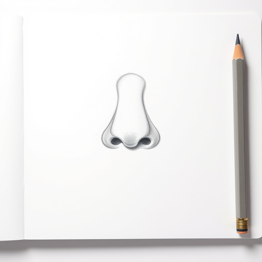 Finished front-view nose drawn in graphite with dark nostril openings, soft shading down one side of the bridge and a light highlight left on the tip