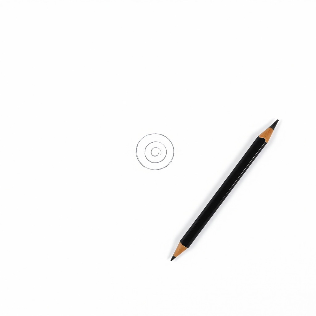 Step one of drawing a rose, a small loose graphite spiral in the center of a sketchbook page