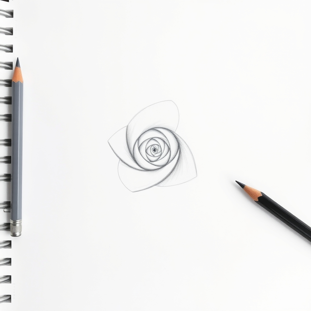 Step two of drawing a rose, three curved petals cupping around the central spiral