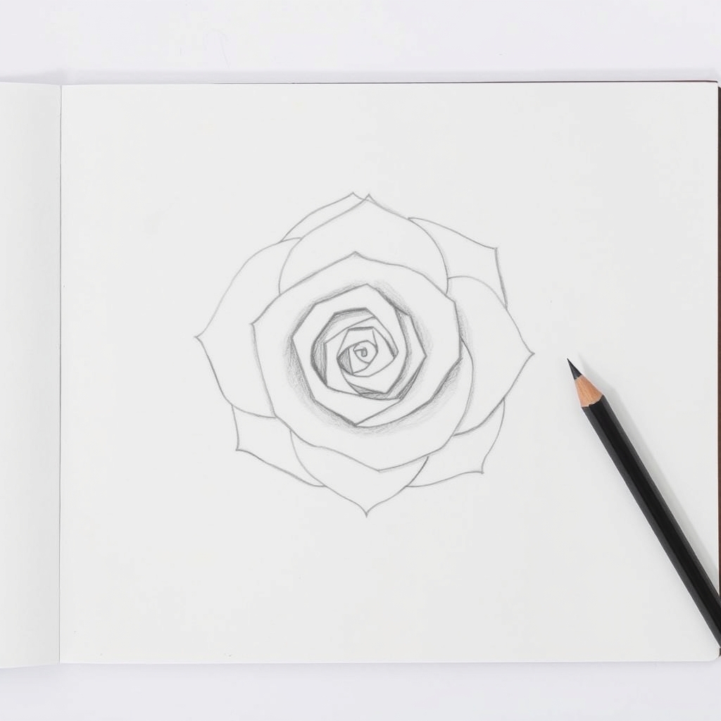 Step three of drawing a rose, larger overlapping petals added in rings around the inner three