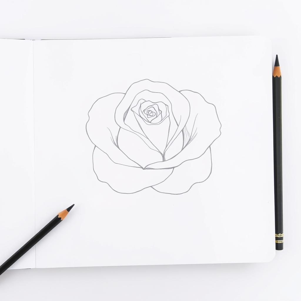 Step four of drawing a rose, outer petal edges redrawn as soft wavy curls turning outward