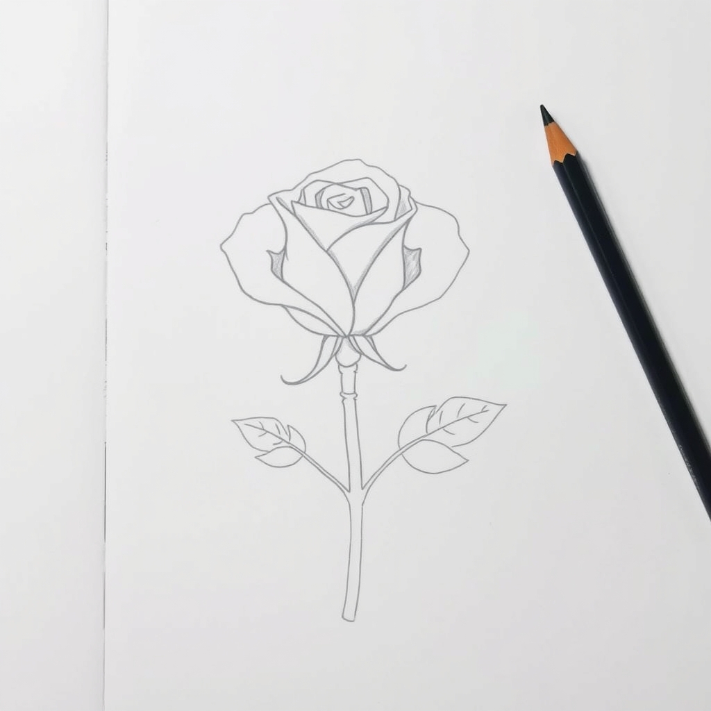 Step five of drawing a rose, sepals under the bloom with a curved stem and two serrated leaves