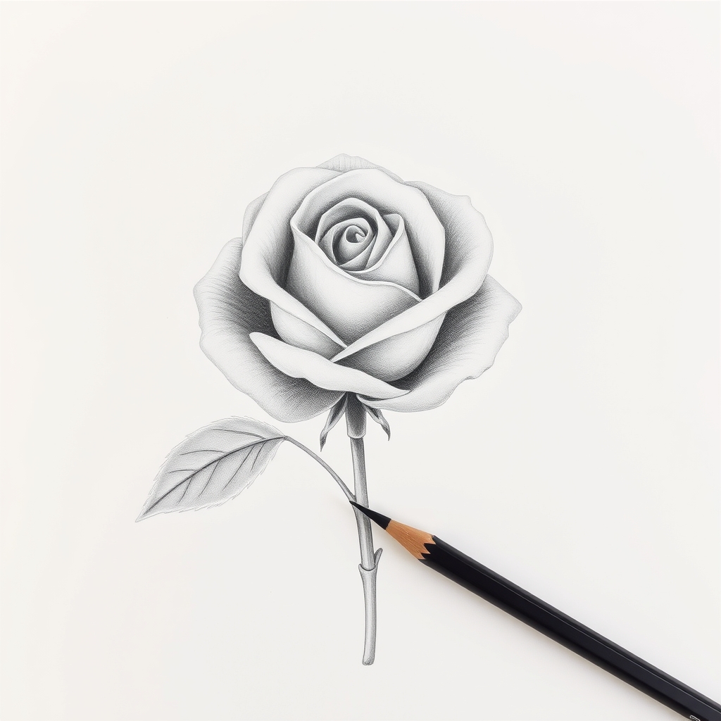 Finished shaded pencil rose with the darkest values deep in the center and pale outer petal edges
