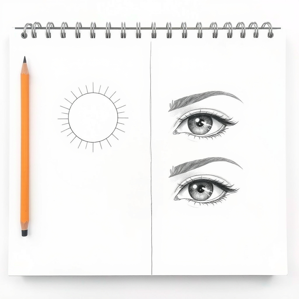 Comparison of a flat symmetrical eye with a floating circle iris beside a correctly built rounded eye