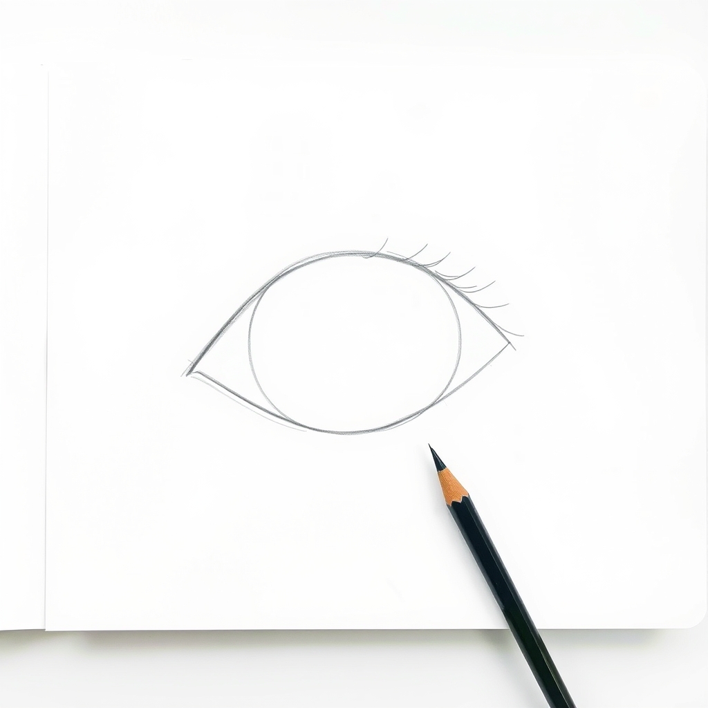 Step three of drawing an eye, the iris drawn with its top hidden behind the upper eyelid