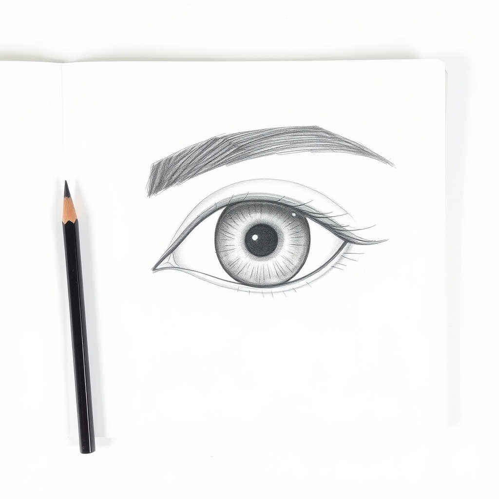 Step four of drawing an eye, a dark shadow band shaded across the eyeball beneath the upper lid