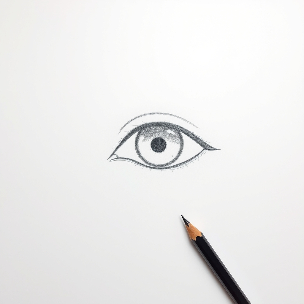 Step five of drawing an eye, the lower eyelid drawn with a visible rim of thickness and a tear duct