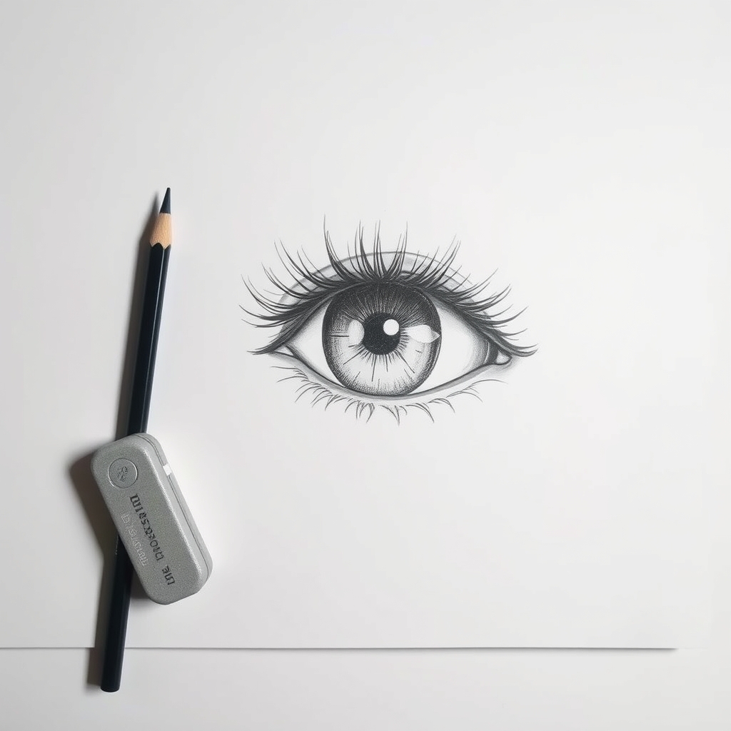 Finished graphite eye drawing with clumped lashes sweeping outward and a bright iris highlight