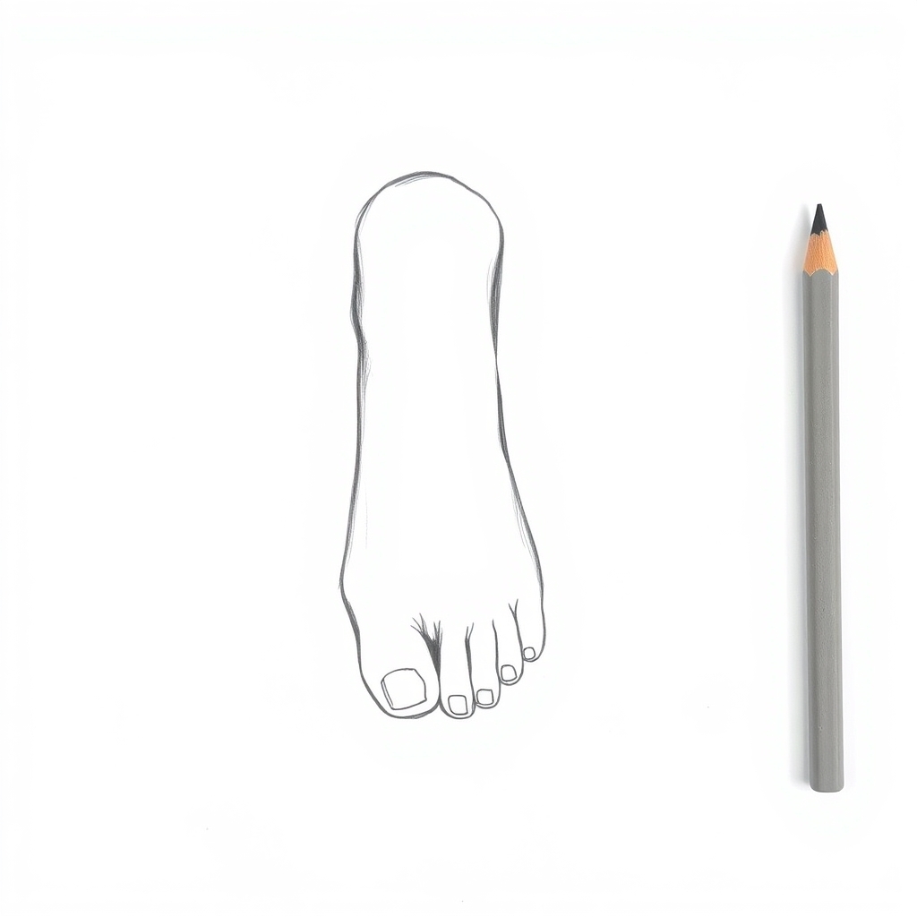 Front view pencil drawing of a foot showing a large big toe beside four progressively smaller toes set along a gentle curve