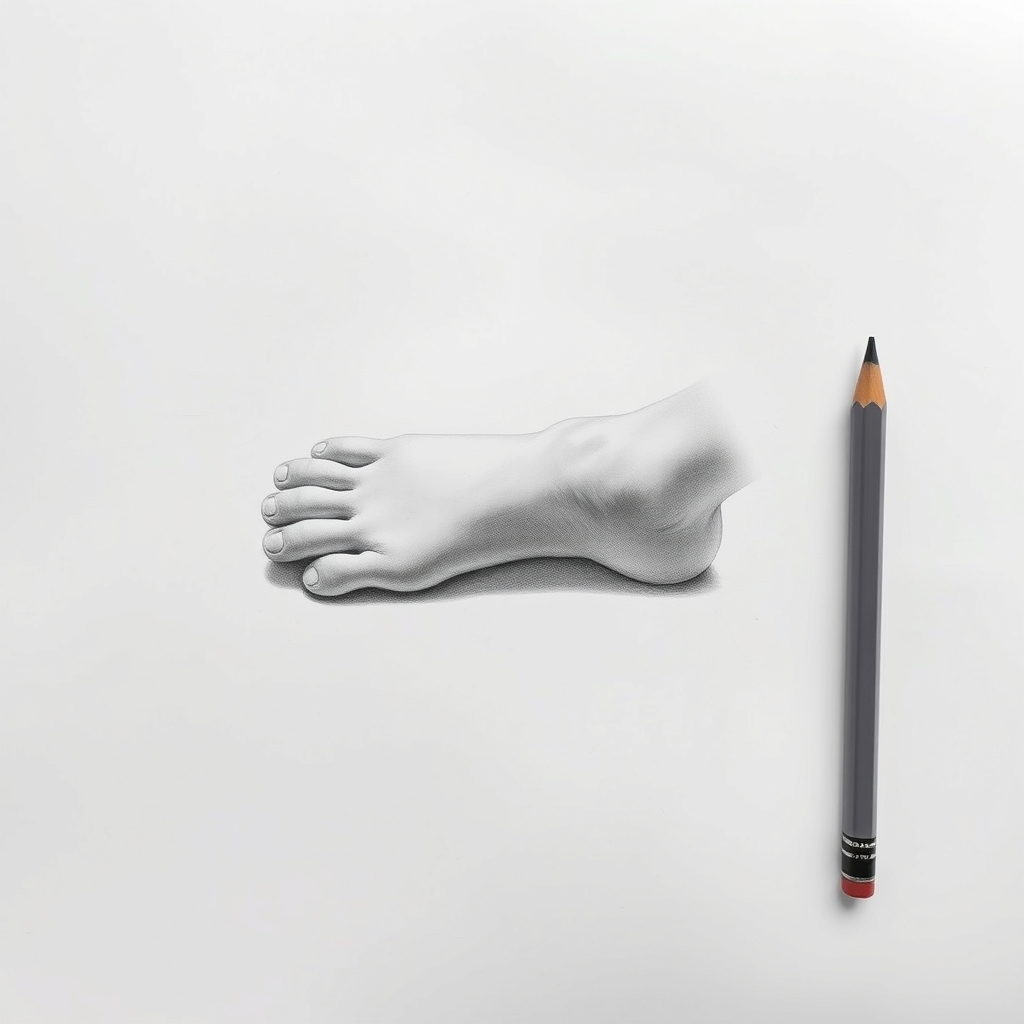 Shaded three-quarter pencil study of a bare foot with a dark band under the arch and a soft cast shadow