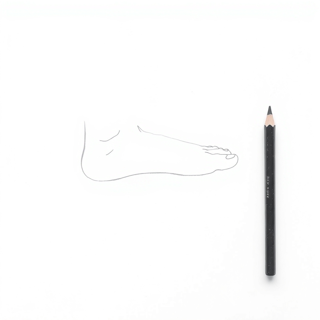 Pencil line drawing of a bare foot from the side, high at the ankle and sloping down to the toes, with the arch lifted clear of the ground