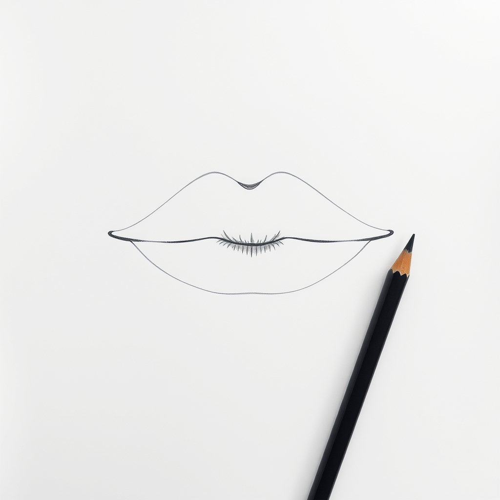 Clean graphite outline of closed lips with a defined cupid's bow, tapering corners and a dark wavy seam between the lips