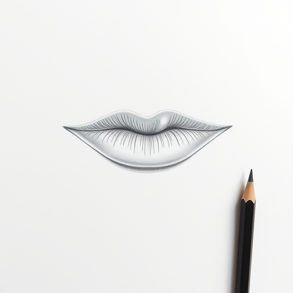 Finished shaded pencil drawing of lips with fine vertical texture strokes, a dark seam and a soft highlight on the lower lip