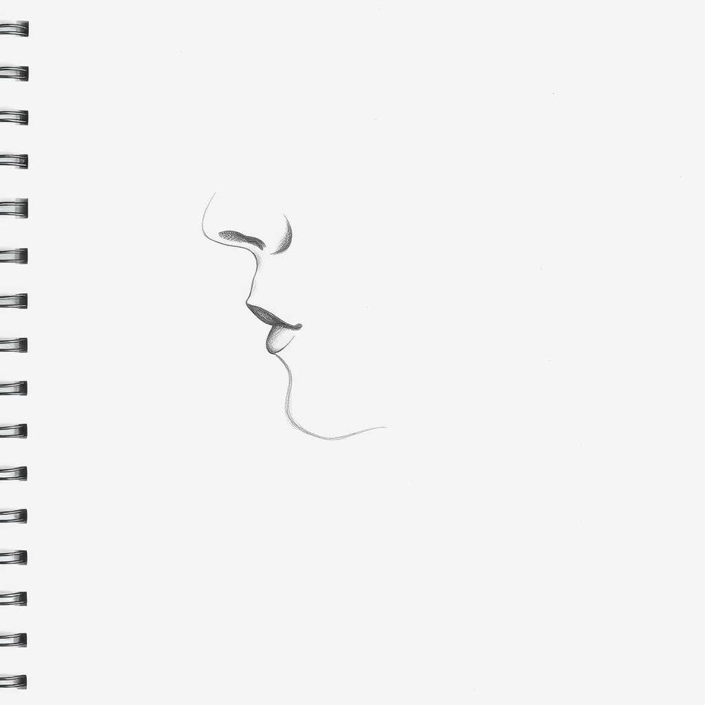 Pencil drawing of lips in side profile facing right, showing the nose base, the groove above the upper lip, the forward upper lip, the hollow below and the chin