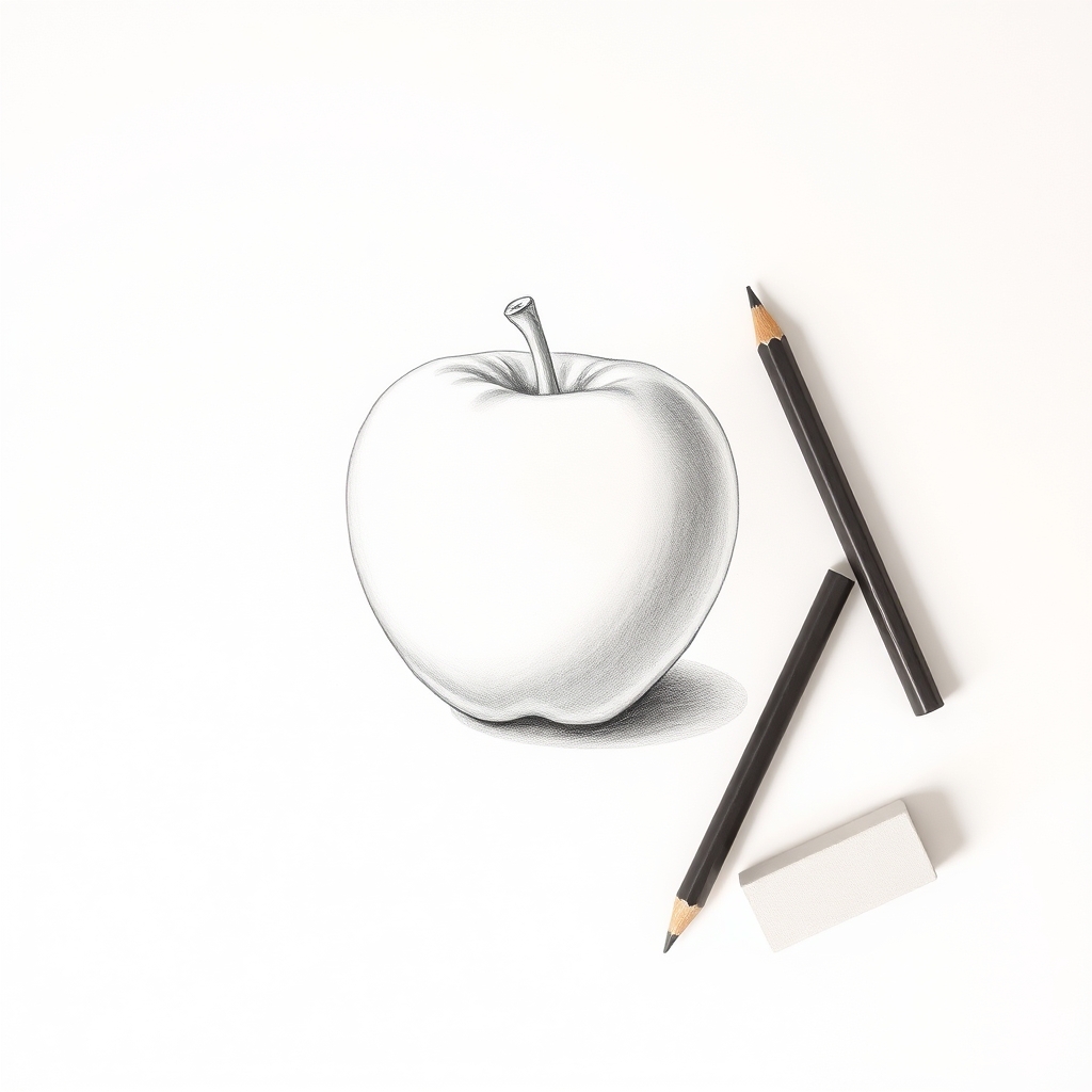 Shaded pencil drawing of an apple with a stalk, lit from the upper left, with a pooled cast shadow to the lower right