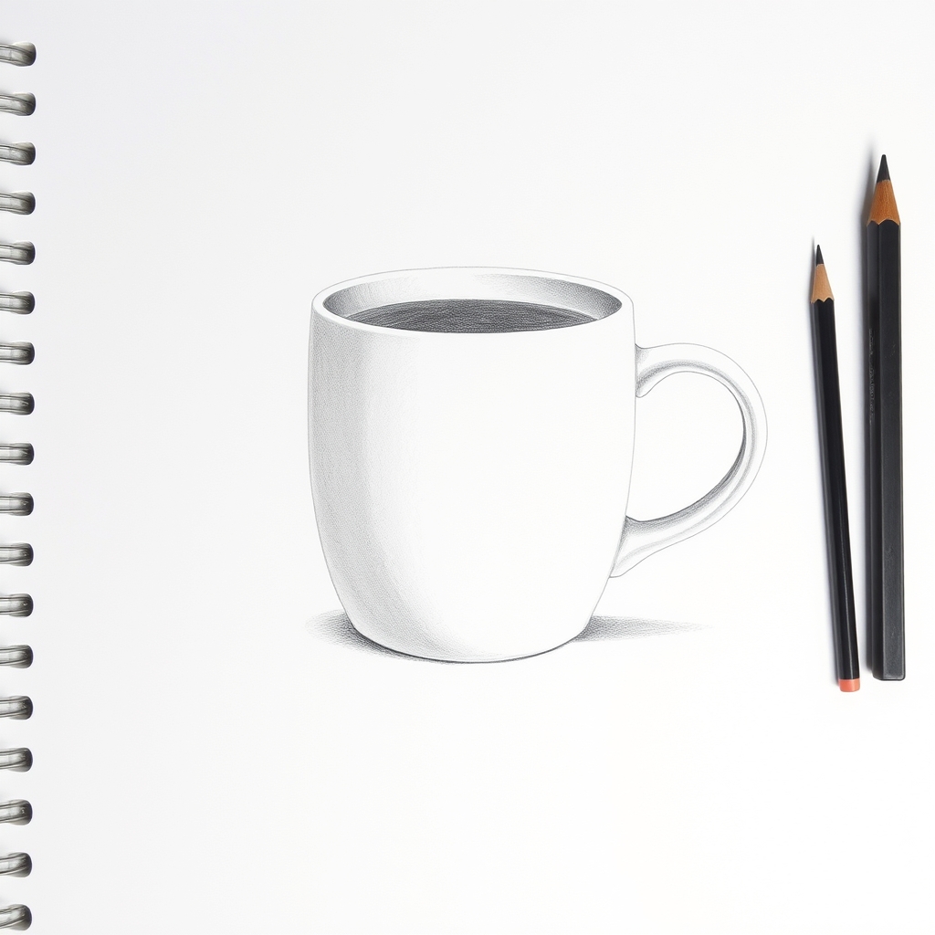 Pencil study of a white ceramic mug with a dark interior, soft tone down its curved sides and a cast shadow at its base
