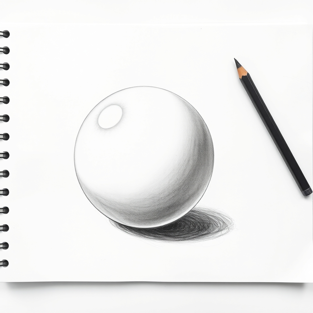 Graphite pencil sphere lit from the upper left showing a small white highlight, a graded midtone, a dark core shadow crescent, reflected light along the lower rim and a cast shadow