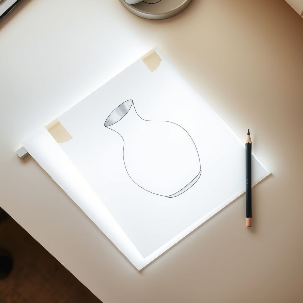 Tracing paper taped over a glowing light pad with a part-finished pencil outline of a ceramic jug and a pencil resting beside it