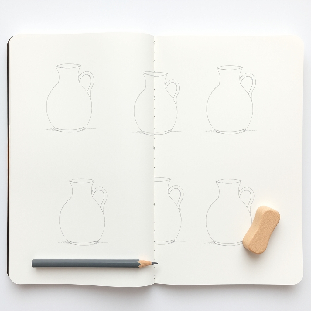 Open sketchbook spread showing the same ceramic jug drawn freehand six times in two rows, with a pencil and kneaded eraser alongside
