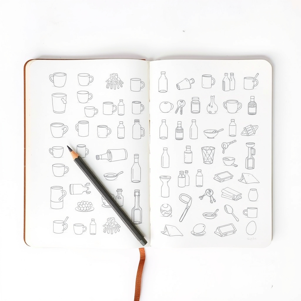Open sketchbook spread covered with around forty small quick pencil studies of mugs, bottles, keys and other everyday objects