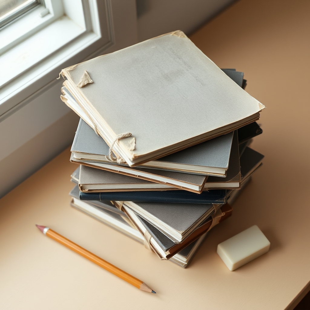 Stack of seven worn sketchbooks with dog-eared corners and cracked spines on a desk beside a pencil and eraser