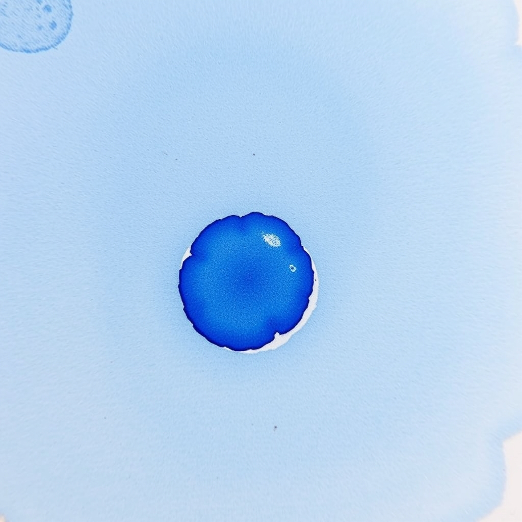 A cauliflower bloom with a hard branching pale edge spreading through a flat blue wash