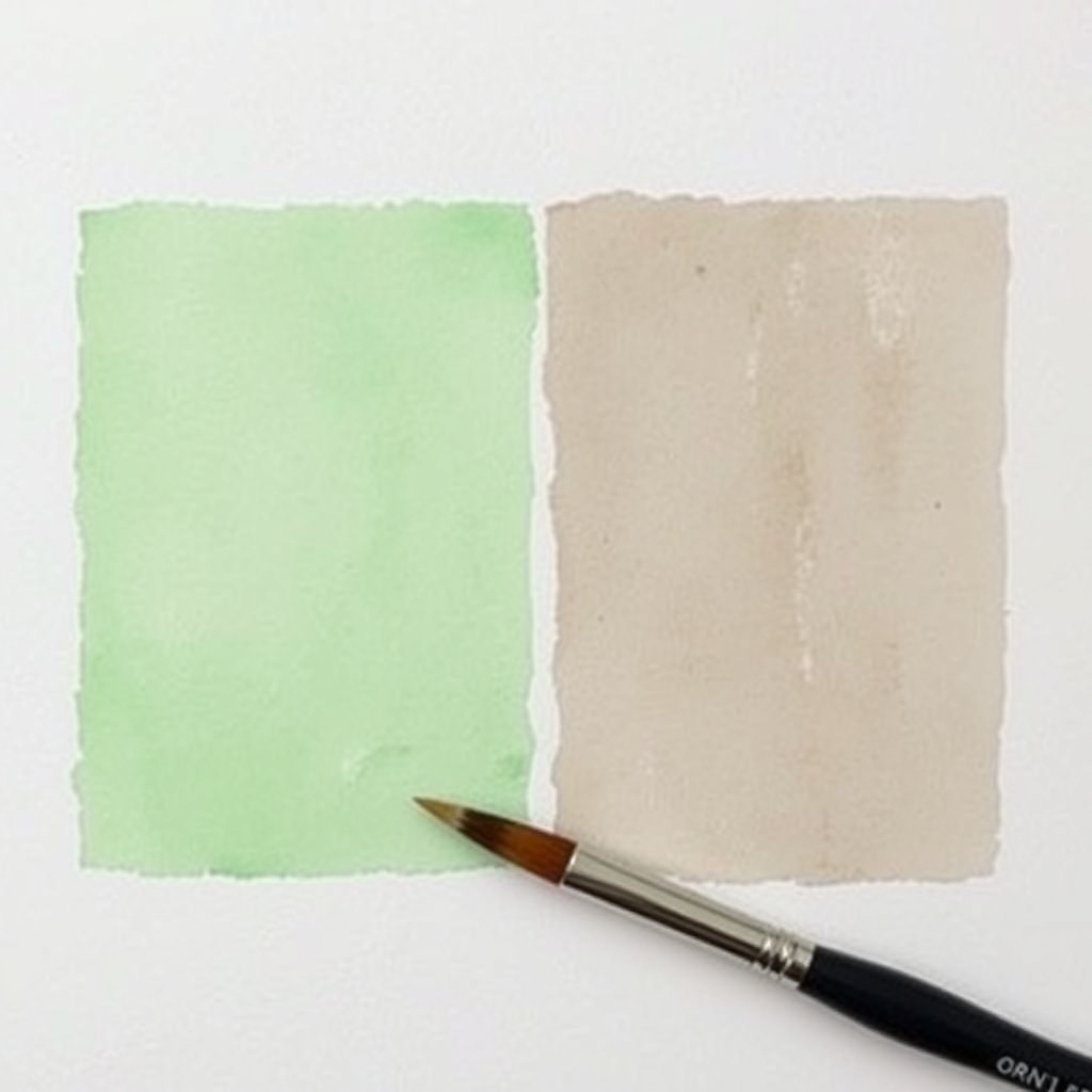 Two watercolor swatches side by side, one a clean vivid green and one a dull grey-brown mud