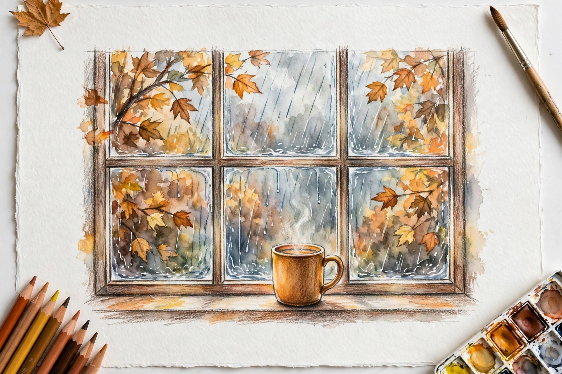 A rainy window with a mug