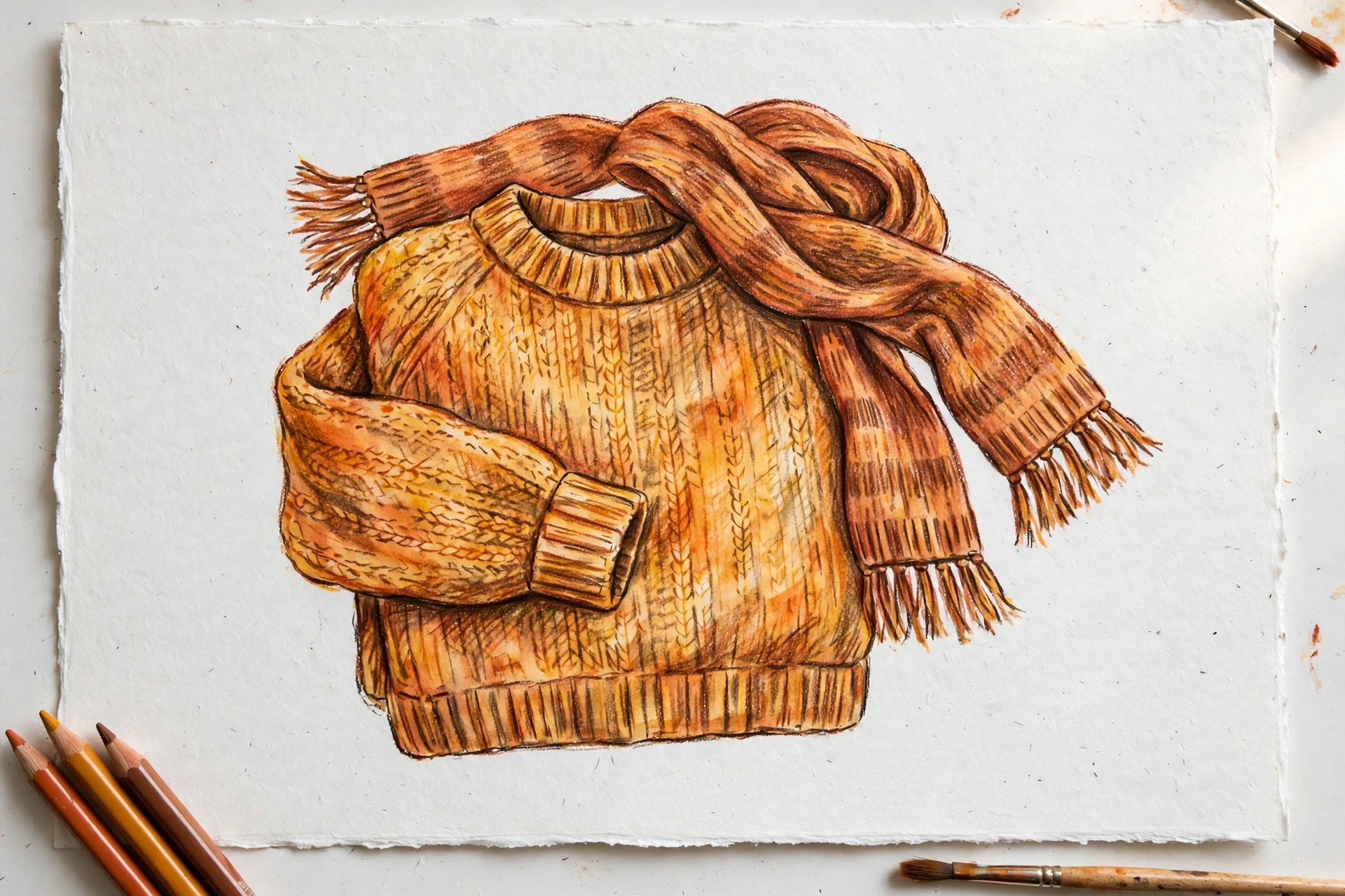 A sweater-and-scarf flat lay