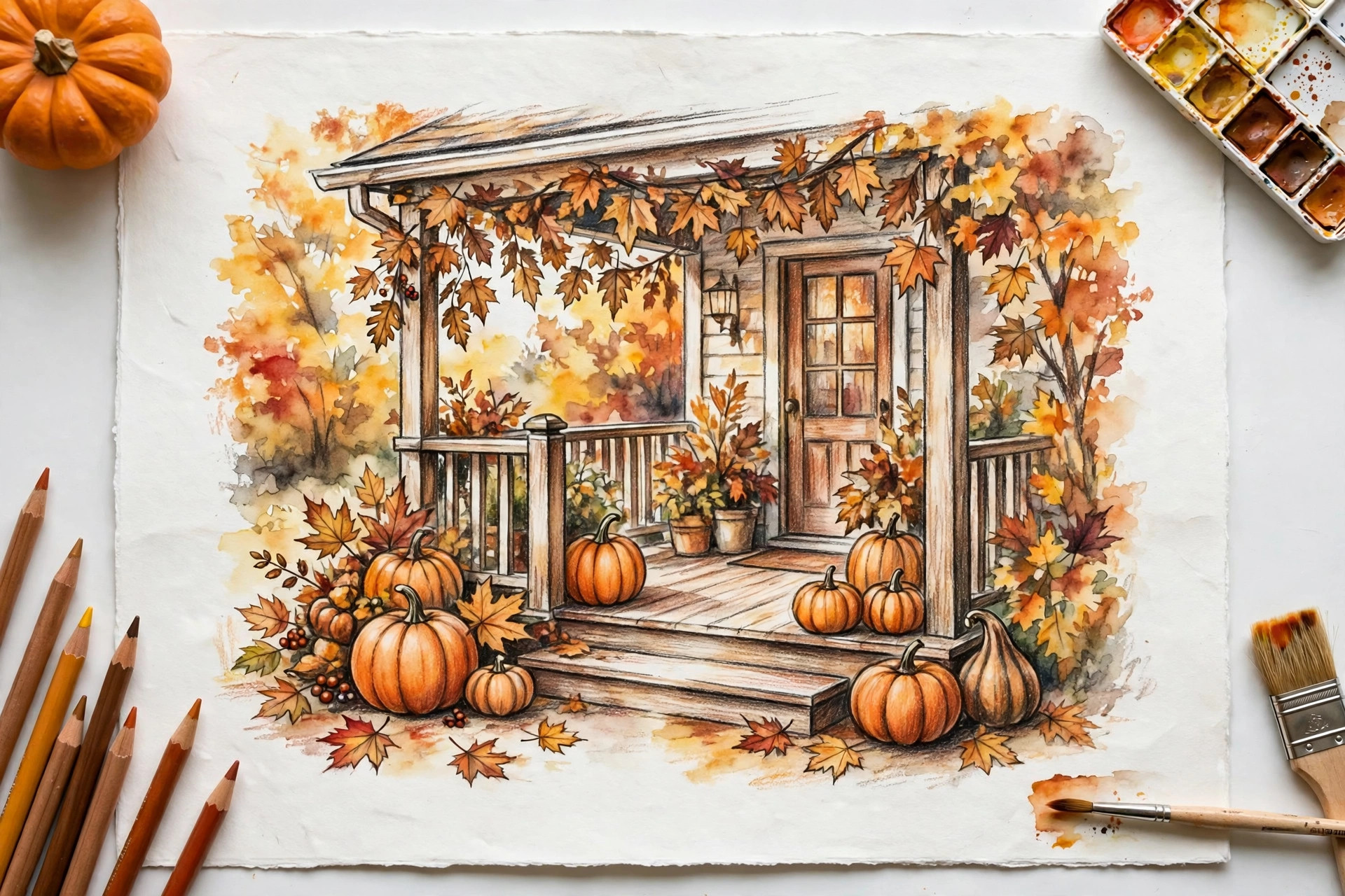 A porch with pumpkins