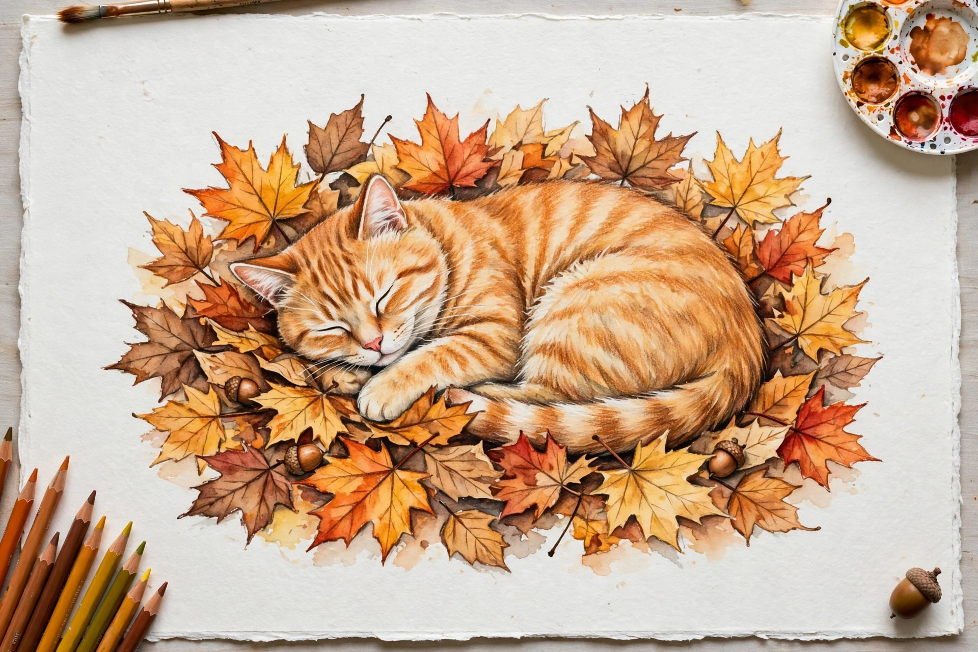 A cat sleeping on leaves