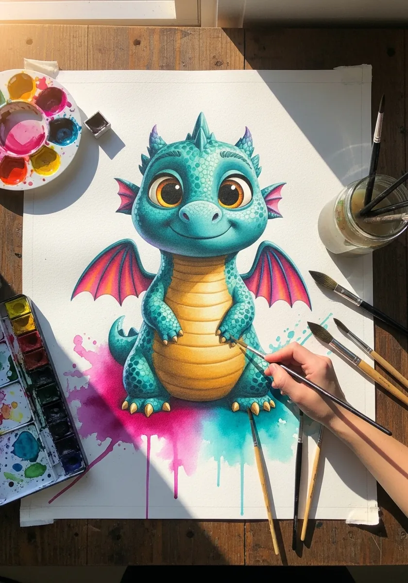 Cute 3D style teal baby dragon with pink wings and watercolor splashes