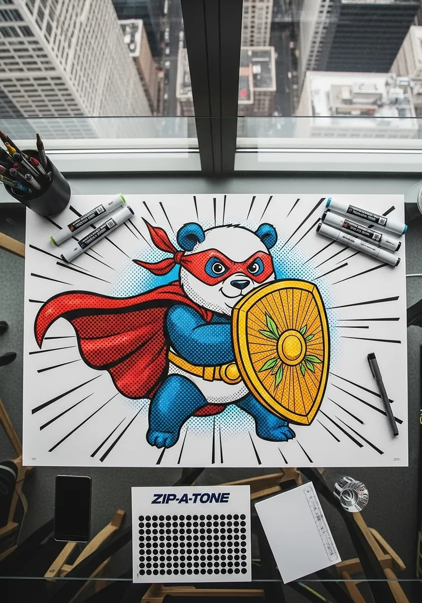 Pop art panda superhero in a red cape with halftone dots and speed lines