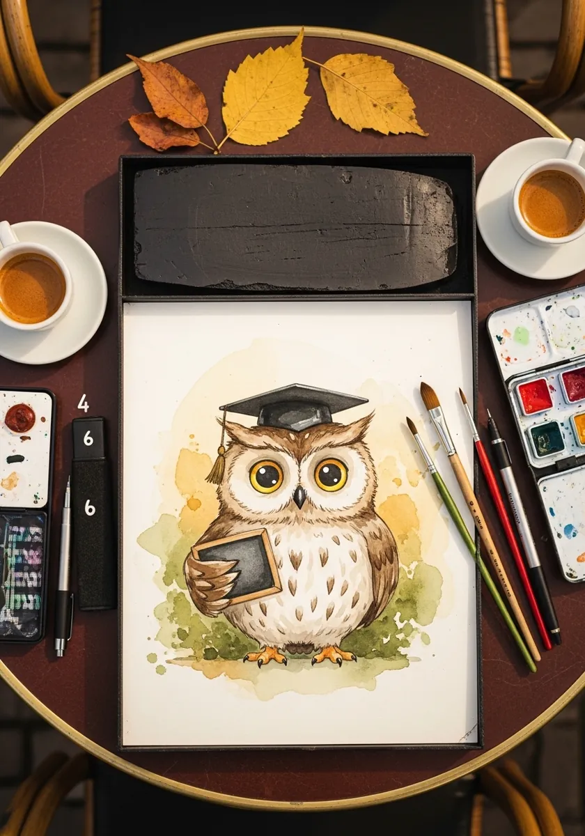 Watercolor cartoon owl in a graduation cap holding a small book