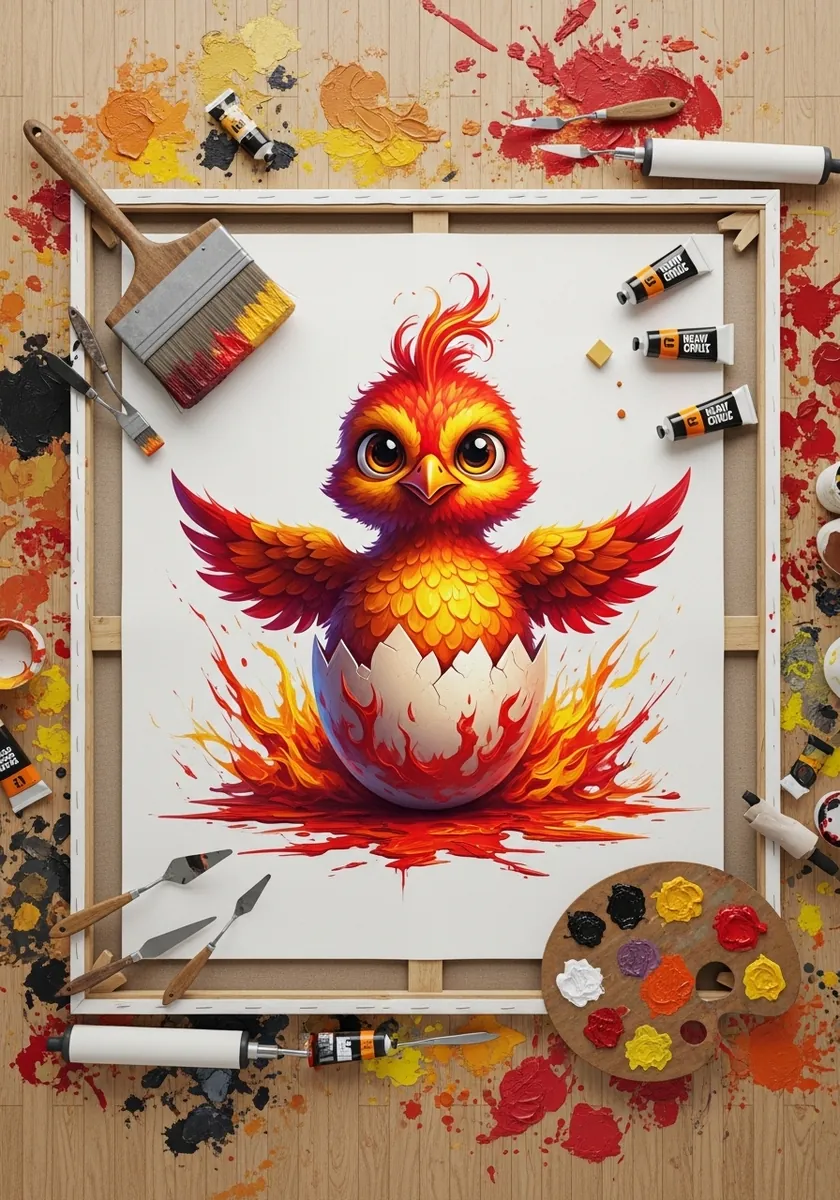 Cartoon phoenix chick hatching from an egg surrounded by orange flames
