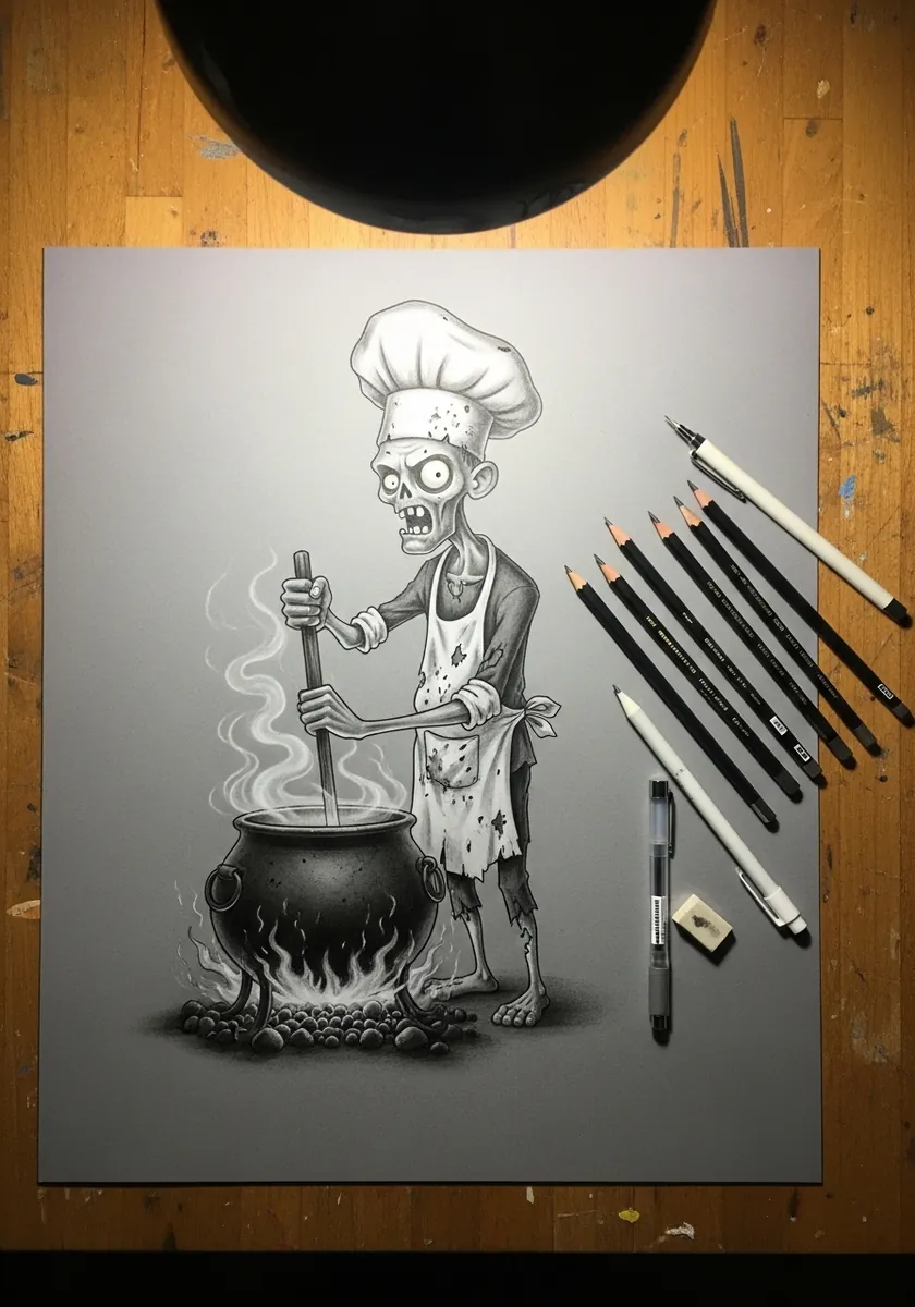 Graphite drawing of a lanky cartoon zombie chef stirring a steaming cauldron