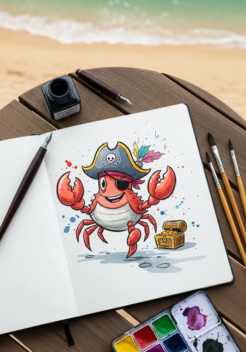 Cartoon red crab wearing a pirate hat and eyepatch beside a treasure chest