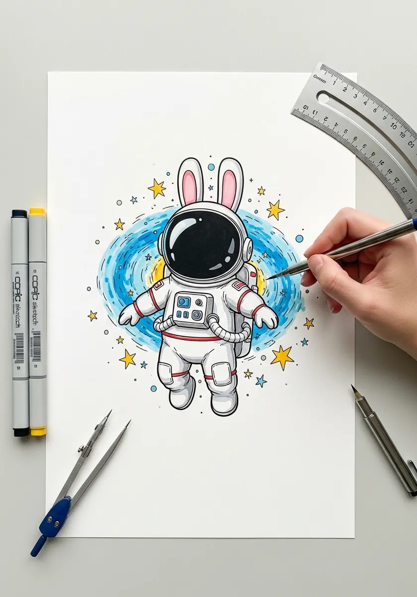 Cartoon bunny in an astronaut suit floating among yellow stars and blue swirls