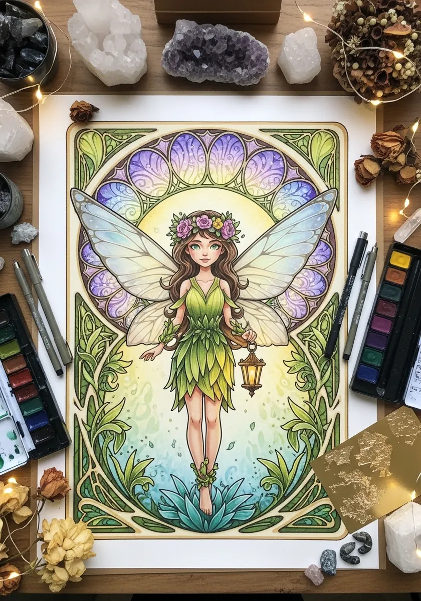 Art nouveau style cartoon fairy with green wings inside an ornate arched border