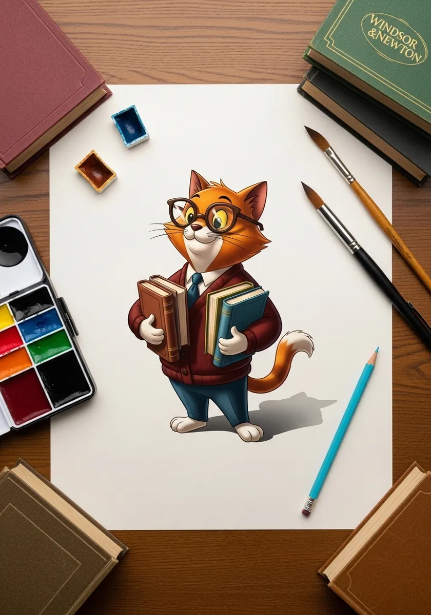 Cartoon orange cat wearing glasses and a cardigan carrying a stack of books