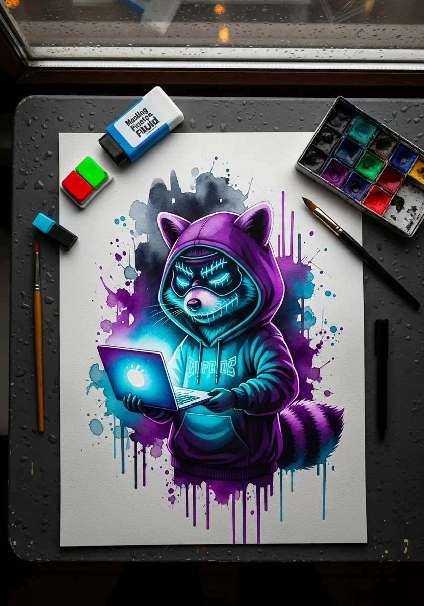 Neon purple graffiti raccoon in a hoodie using a glowing laptop