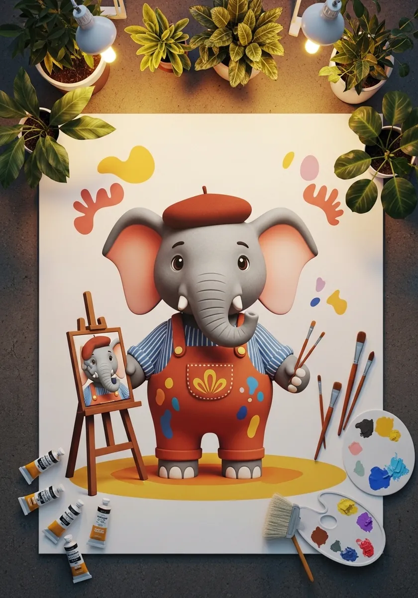 Clay style 3D cartoon elephant in a beret and overalls beside a small easel